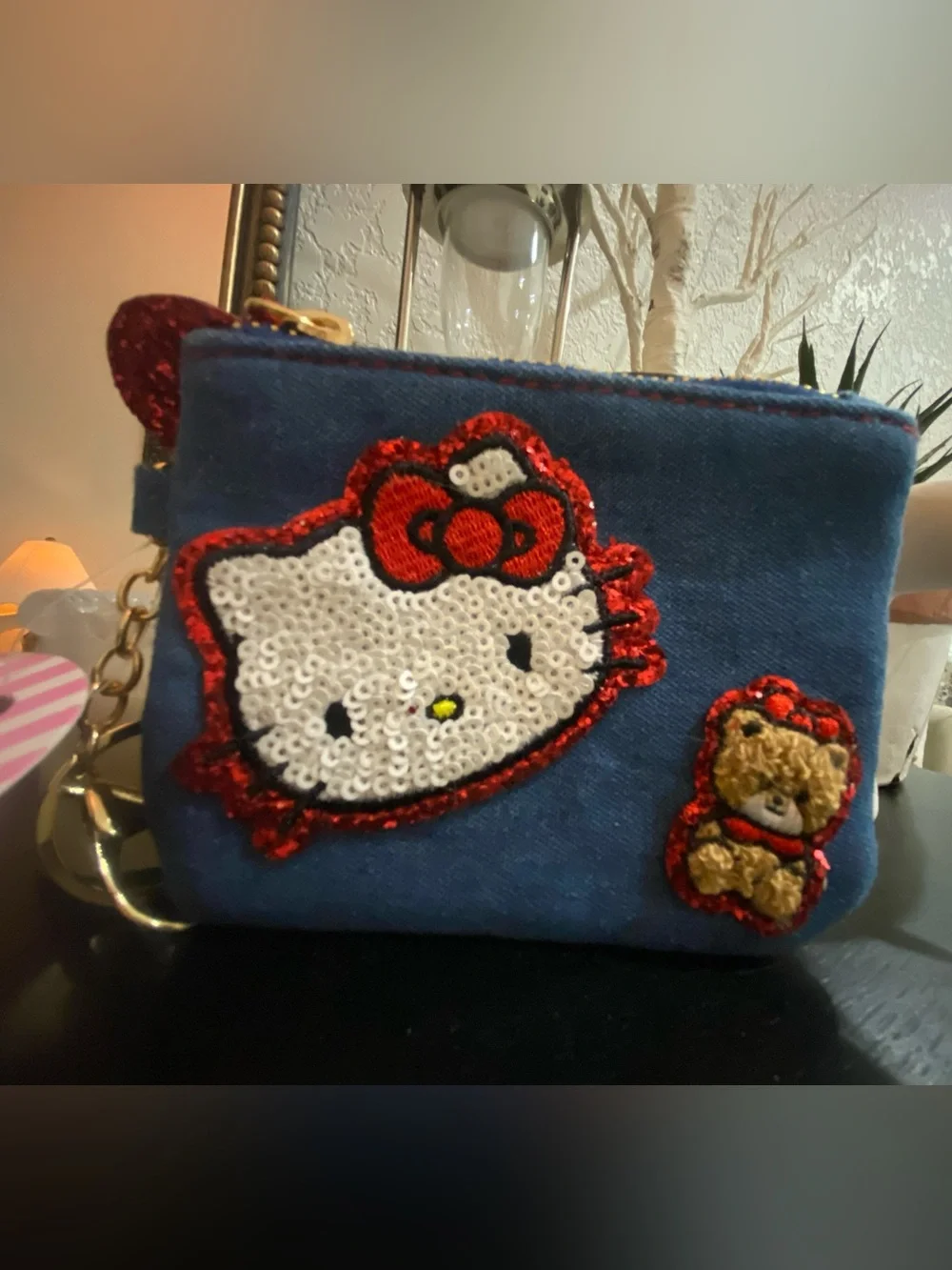 Hello Kitty Sequin Face Coin Purse with Red Glitter Heart Charm